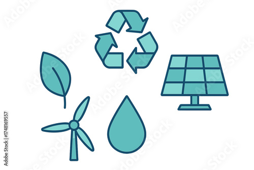 Ecology, renewable energy, sustainability, recycling, solar power, and water conservation symbols