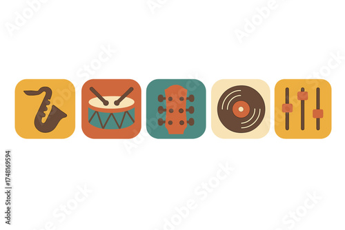 Retro music and audio icons set featuring saxophone drum guitar vinyl record and equalizer sliders