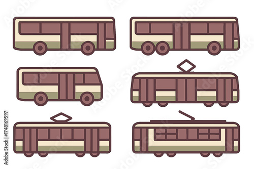 Public transportation icons set featuring city buses and modern streetcars in a retro color palette