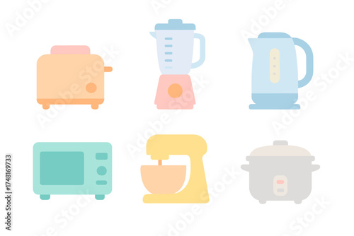 Collection of essential modern household kitchen appliances toaster blender microwave