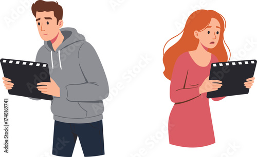 Film clapperboard characters, emotional expression, movie production tools, worried actors, cinematic props, storytelling scene, illustration duo