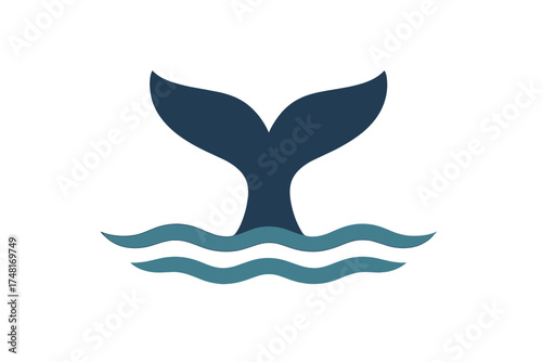 Dark blue whale tail diving into ocean waves against a white background