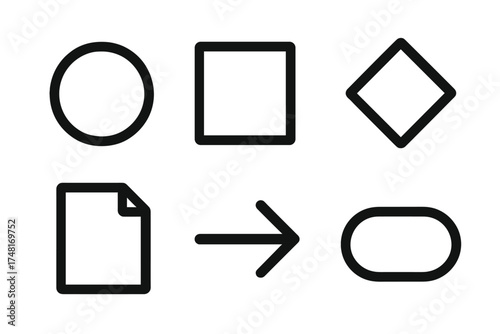 Set of basic flowchart symbols including process, decision, start, end, document, and flow arrow shapes