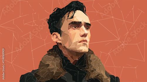 Serious Man with Dark Hair in Stylish Portrait with Fur Collar and Geometric Background
