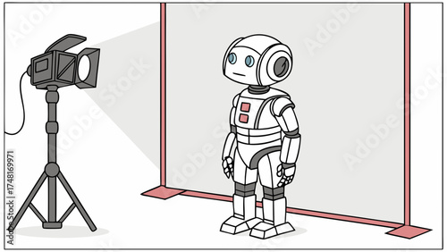 Robot in a photography studio setup illustration digital art cartoon character artificial intelligence technology futuristic modern white robot lighting equipment studio light backdrop.