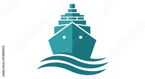 A minimalist teal icon of a cruise ship sailing on wavy blue water, isolated on transparent background