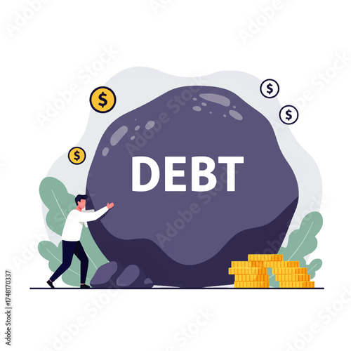 A person struggles to push a large boulder labeled "DEBT" while coins float.