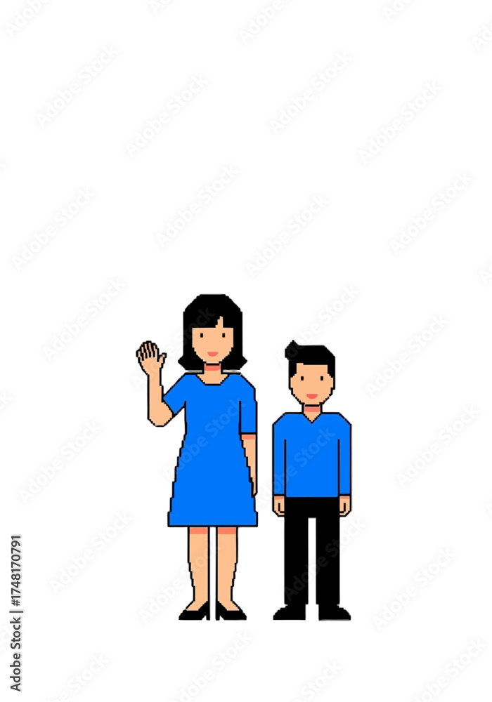 Fototapeta premium Cute Pixel Art Woman and Child Waving Hello