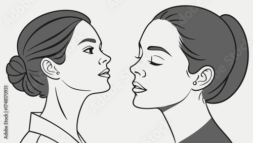 Two stylized female faces in profile facing each other black and white illustration.
