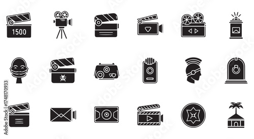 Collection of black and white icons related to filmmaking and cinema, isolated on transparent background