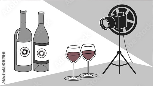 Wine bottles glasses and studio lighting setup for product photography.