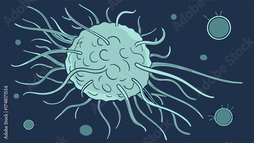 Stylized illustration of a cell with tentacles and smaller cells in the background.