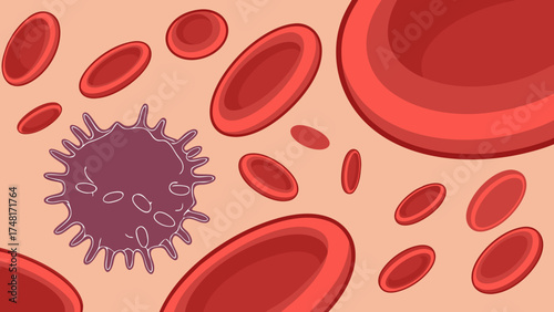 Stylized illustration of blood cells and a leukocyte in the bloodstream.