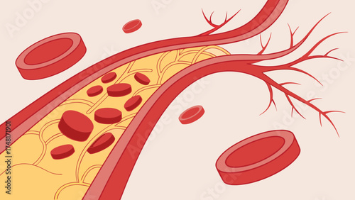 Stylized illustration of blood flowing through a vessel showing red blood cells and capillaries.