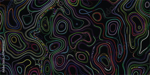 Abstract topographic contour lines in vibrant multicolor patterns against a stark black background creating a visually dynamic and energetic abstract art background