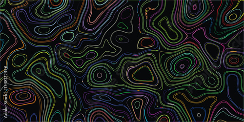 Abstract topographic contour lines in vibrant multicolor patterns against a stark black background creating a visually dynamic and energetic abstract art background