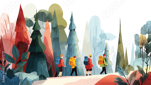 Exploring Adventure: Tourists Hiking Through Forest Vector with Outline Isolated