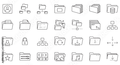 Collection of various folder and file management icons, isolated on transparent background