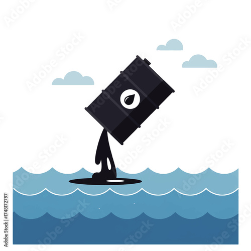 Black oil barrel leaking crude oil into the ocean, polluting the water with clouds in the sky.