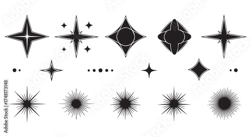 Collection of black starburst and sparkle graphic elements, isolated on transparent background