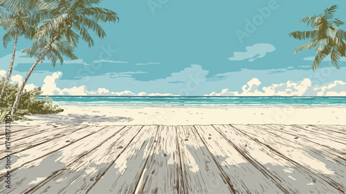 Exotic Tropical Beach Paradise Wooden Deck Summer Vacation Vector Illustration