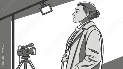 Woman in front of a camera during a film shoot monochrome sketch illustration.