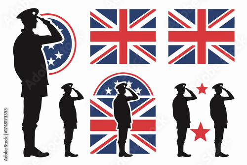 Saluting Silhouettes Set – Military Soldier Vector Illustration on White Background