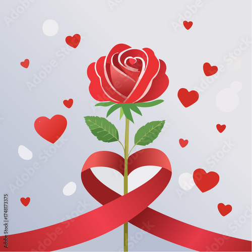 Elegant red rose illustration with a heart-shaped ribbon and delicate floating hearts, a beautiful symbol of love, romance, and heartfelt affection for special occasions like Valentine's Day