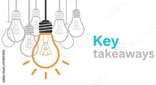 Single illuminated light bulb standing out from a group of dim, unlit bulbs, symbolizing key takeaways and ideas isolated on transparent background