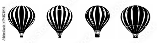 Four striped hot air balloons in a row ready for adventure and flight