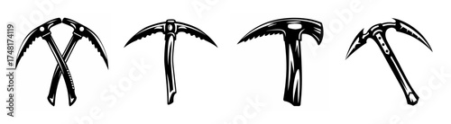 Four distinct ice axe designs presented in a row for climbing and mountaineering exploration
