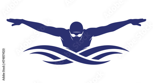 Dynamic silhouette of a swimmer performing the butterfly stroke, with stylized water waves below isolated on transparent background