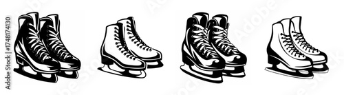 Four pairs of ice skates lined up for figure skating or hockey sports activities
