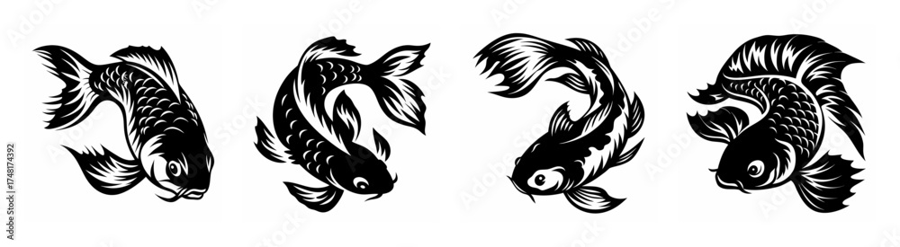 Obraz premium Four detailed koi fish portraits in black and white artistic rendering series
