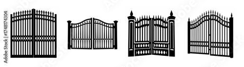 Four ornate wrought iron gates with decorative finials and classic designs for property entrances