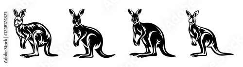 Four stylized kangaroos in silhouette displayed side by side against a