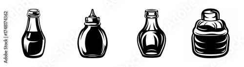 Set of four condiment bottles ketchup soy sauce vinegar dressing sauce bottles collection