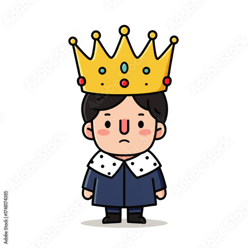 Cartoon illustration of a young king wearing a golden crown and a blue robe with a white collar.