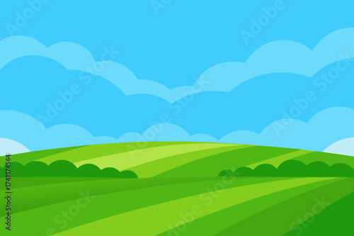 Stylized green rolling hills under a blue sky with clouds