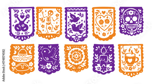 Colorful papel picado banners with skulls, flowers and Mexican symbols