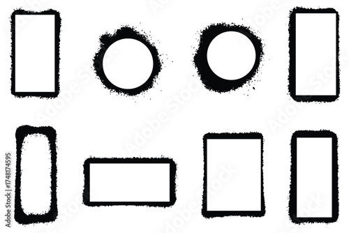 Grunge graffiti stencil frames with spray paint borders. Black vector rectangles and squares. Airbrushing paint banners, splatter ink shapes. Places for text or pictures. Graffiti spraypaint element