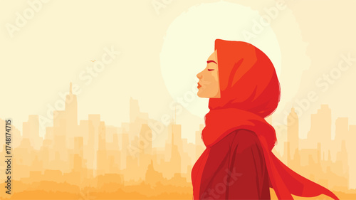 Elegant Woman in Red Hijab with Vibrant Cityscape Background Vector Illustration