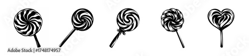 Five distinct swirl lollipop designs presented in a row showing variety and sweetness for a fun treat