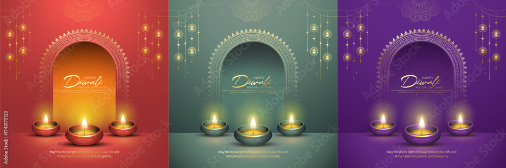 Φωτογραφία Happy Diwali - Vibrant Festival of Lights Celebration Background Poster Set Design With Decorative Diya