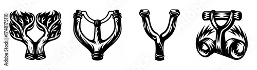 Vintage slingshot designs four detailed line art styles for crafting or decorating