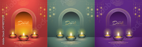 WebHappy Diwali - Vibrant Festival of Lights Celebration Background Poster Set Design With Decorative Diya.Indian Hindu Light Festival. Holiday Background. Vector Illustration.