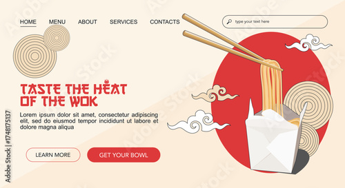 Taste The Heat Of The Wok landing webpage template with noodles in the box