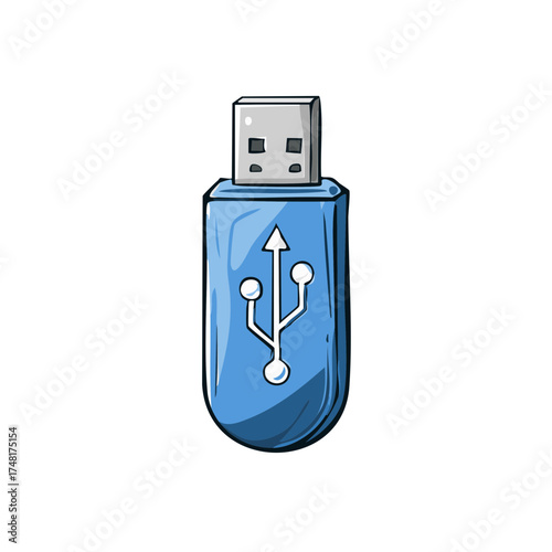Blue USB Flash Drive Illustration with USB Symbol - Modern Data Storage Cartoon Concept