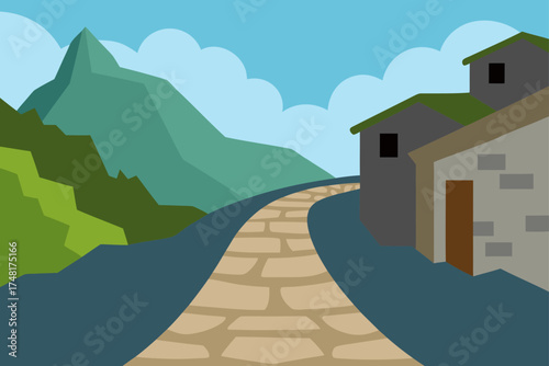 Flat illustration of a winding cobblestone path leading to a village nestled beside mountains