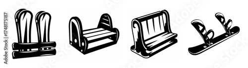 Collection of snowboard bindings and boots displayed in a set of four graphic representations